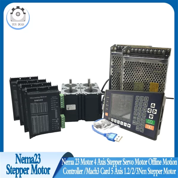 Nema23 motor de passo de 4 eixos servo motor offline controlador de movimento/cartão mach3 5 eixo 1.2/2/3nm motor deslizante 8mm eixo 3a kit