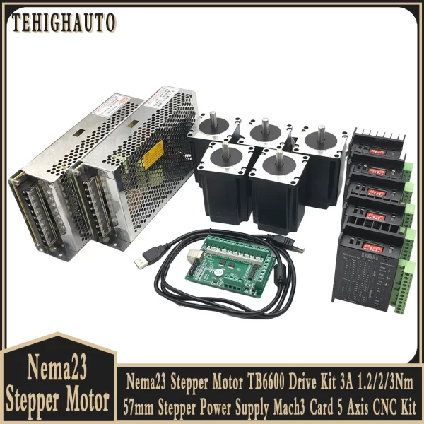 Nema23 Stepper Motor Drive Kit, TB6600, 3A, 1,2 Nm, 2 Nm, 57 Motor, 8mm Eixo, Power Supply Mach3 Card, 5 Axis for CNC Engraving Machine