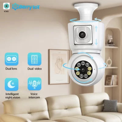 ICSEE-Wireless Wi-Fi Lâmpada Câmera de Segurança, CCTV Baby Monitor, Auto Tracking, PTZ Auto Tracking, Proteção Dual Lens, 4MP, E27