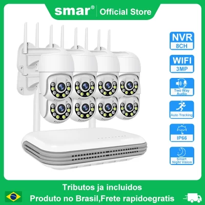 Kit Sistema de Câmera Sem Fio Smar, CCTV AI Human Detect, Visão Noturna Colorida, Video Surveillance Set, ICsee, Ao Ar Livre, PTZ, 8CH, 3MP