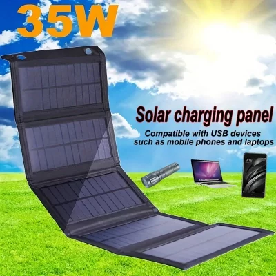 Painel Solar Portátil de Alta Potência, Impermeável, Dobrável, Fonte de Alimentação Exterior, USB, Computador, Celular, Acampamento, 35W