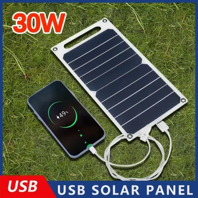 Painel solar com USB, impermeável, caminhadas ao ar livre e camping, bateria portátil, banco de carregamento do telefone móvel, 30W, 6.8V