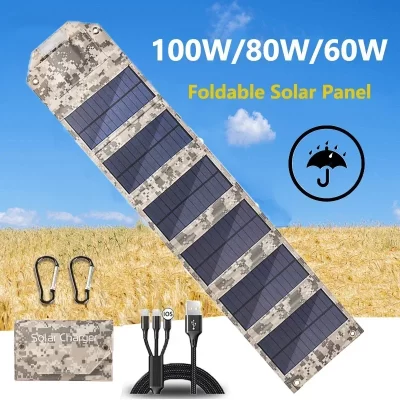 Painel solar dobrável com USB, carregador solar, célula solar portátil, banco de energia do telefone ao ar livre para acampar e caminhar, 100W, 80W, 60W, 5V