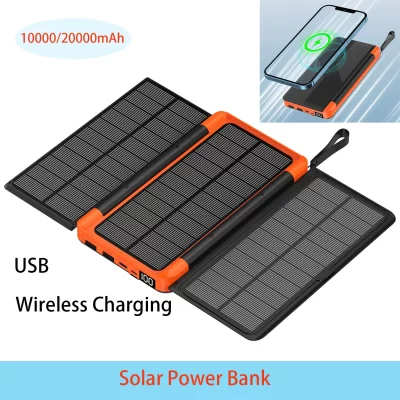 Banco de energia solar portátil com aleta escondida, painel solar, carregamento sem fio para viagens, camping, 10000 mAh, 20000mAh