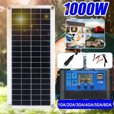 Painel de células solares com controlador, carga solar para telefone, rv, carro, mp3, pad, carregador, fornecimento de bateria ao ar livre, 1000w, 12v, 60a, 100a