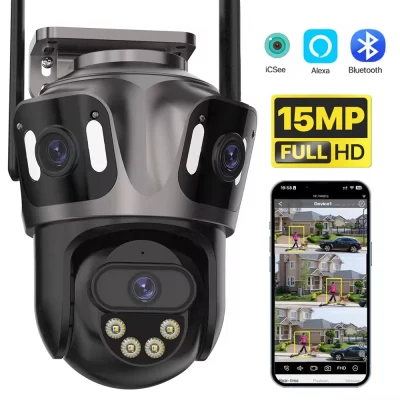 Câmera de Segurança de Vídeo CCTV Impermeável, Lente Dupla, Detecção Humana AI, WiFi, IP, Ao Ar Livre, 15MP, HD, 3 Tela, 4K, iCsee