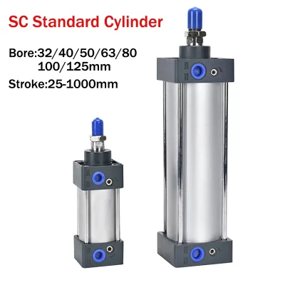 Cilindro pneumático padrão, pistão de ar do furo, ação dobro, curso de 25-1000mm, liga de alumínio, atuador parte, SC32, 40mm, 50mm, 63mm
