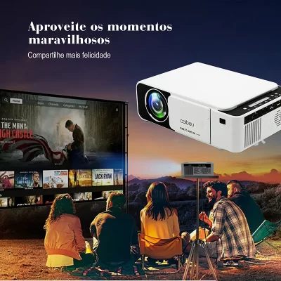 Projetor multifuncional, mini projetor portátil, suporta HD 1080P, alto-falantes de som surround, tela grande de 170"