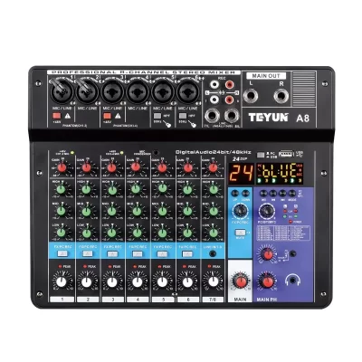 A8 Audio Mixing Console Sound Table Board, 8 Canais, Entrada de Computador PC, 48V, Power Number Live Broadcast, Equipamento Áudio