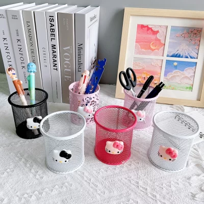 Hellokitty dos desenhos animados caneta recipiente escova pote maquiagem balde kawaii rosa oco caneta titular papelaria armazenamento caixa de classificação