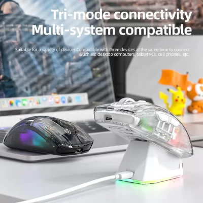 Attack Shark X2 Pro Transparente Design Ergonômico Magnético Recarregável Bluetooth Mouse Indicador de Nível de Bateria Mouse para Jogos
