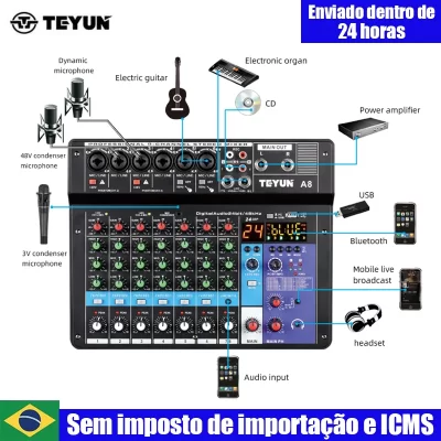 TEYUN-A8 Channel Audio Mixer, Portátil Profissional, 24 DSP Mixer, Mesa de Som Board, MP3 Digital, Entrada de Computador, 48V, Poder Número A6
