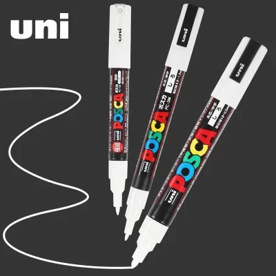 Uni-Posca White Markers, Impermeável, Caneta de Pintura Permanente, POP Poster, Publicidade Art Supplies, PC-1M, 3m, 5m
