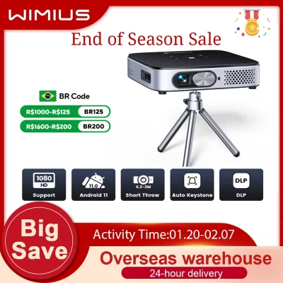 WiMiUS Mini Projetor Android 11.0 Projetor DLP Recarregável Ultra Short Throw WiFi Bluetooth Projetor FHD 1080P Suporte