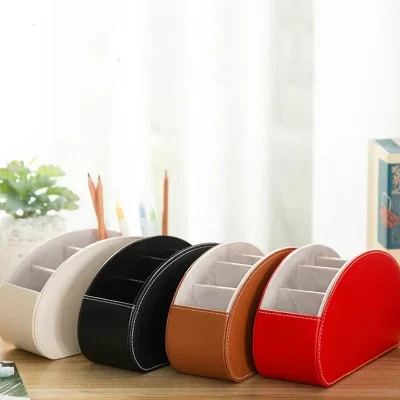 Organizador de couro pu com 5 grades, controle remoto, suporte para telefone e tv, caixa de armazenamento de mesa, escova de cosméticos