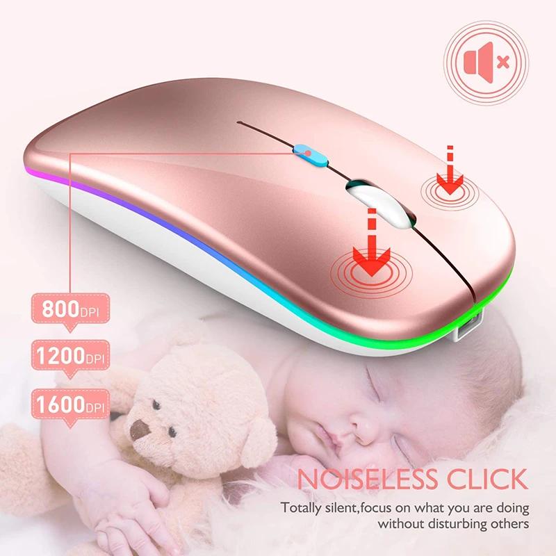 Mouse bluetooth 2.4g sem fio com indicador de energia led retroiluminado recarregável usb gaming mouse 1600dpi ratos para computador portátil - Image 3