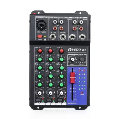 VEDO-portátil Professional Sound Mixer Console, 3-Channel, Entrada de Computador, 48V Potência, Modelo Número Certificação, Origem Mistura A3