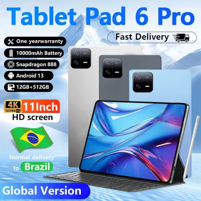 Tablet PC com WiFi e Bluetooth, Snapdragon 888, Android 13, 5G, SD, 4K, Pad 6 Pro, 12GB + 512GB, 10000mAh, Original, 10,1"