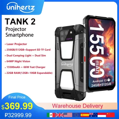Unihertz-8849 Tanque 2 Smartphone Projetor, Smartphone Robusto, 24GB de RAM, 512GB ROM, 108MP, 64MP Super Night Vision, G99, 15500mAh, EUA MX AU estoque da UE