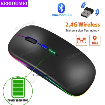 Mouse bluetooth 2.4g sem fio com indicador de energia led retroiluminado recarregável usb gaming mouse 1600dpi ratos para computador portátil