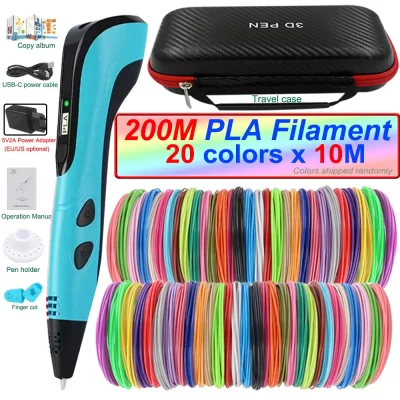 2025 nova caneta de impressão 3d caneta 3d para crianças com adaptador de energia 200m filamento pla caso viagem aniversário presente natal para crianças