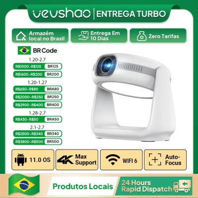 Vevshao A10 Projetor inteligente Android 11.0 1080P com lâmpada WiFi 5G Projetores portáteis Suporte 4K Projetor de cinema em casa de vídeo HD