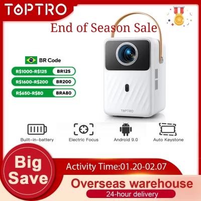Projetor portátil TOPTRO Full HD 1080P Suporte 400ANSI Android 9.0 Projetor Auto Keystone e foco elétrico Bateria embutida