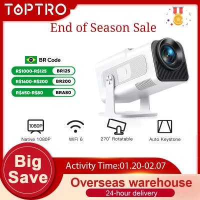 TOPTRO Mini Projetor Portátil 4K Suporte 20000 Lumens Full HD 1080P Nativo 270 ° Projetor giratório Projetor de home theater