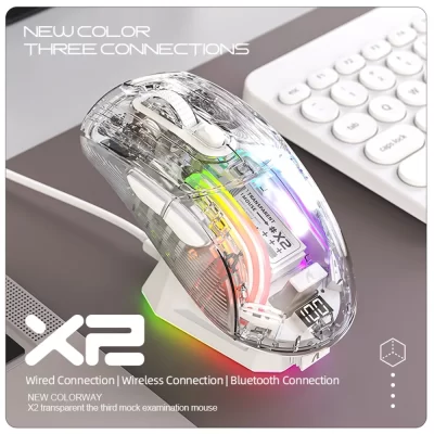 Ataque Shark-X2 Pro carregamento magnético bluetooth mouse, tri-modo, rgb luzes, transparente, indicador de bateria, computador, telefone