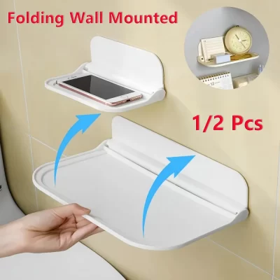 Dobrável Wall Mounted Prateleira para Banheiro, armazenamento Rack, Punch-Free Phone Holder, Wi-Fi Router Tray, Banheiro Organizer, Space Saving