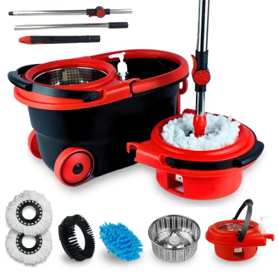Mop Giratório Com Cesto Em Inox Vermelho - Cabo 150cm - Completo - Nybc