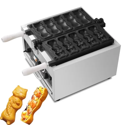Cat Hugging Fish Shaped Taiyaki Waffle Maker, equipamento de revestimento antiaderente, aquecimento elétrico para lanchonete, modelo comercial, 5 pcs