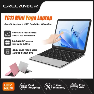 CRELANDER Mini Laptop 10,95 "Tela sensível ao toque Intel N100 CPU Windows 11 512 GB M2 SSD 2 EM 1 Notebook Pocket PC Tablet Yoga Laptops