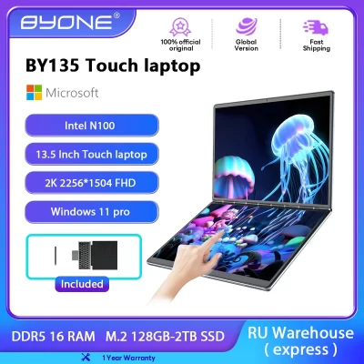Bone by135 tela dupla portátil intel n100 ddr5 16g ram m.2 ssd 13.5 Polegada 2.5k tela de toque notebook 9000mah computador pc escritório