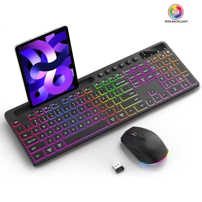 Combinação de teclado e mouse sem fio com teclado ergonômico retroiluminado de tamanho completo com suporte para tablet de telefone Mouse 2.4G para PC laptop