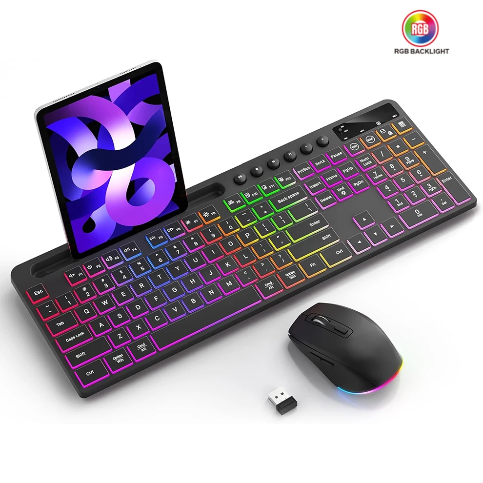 Combinação de teclado e mouse sem fio com teclado ergonômico retroiluminado de tamanho completo com suporte para tablet de telefone Mouse 2.4G para PC laptop