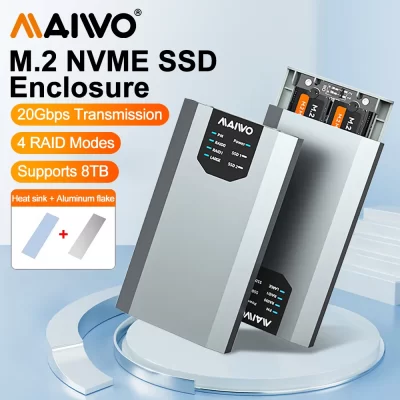 MAIWO M.2 Nvme Caixa de disco rígido móvel de estado sólido Tipo-C M.2 NVMe Protocolo de 20 Gbps Shell de liga de alumínio de baía dupla com 4 modos RAID