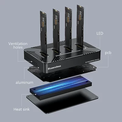 Blueendless 4 bay m2 ssd docking station tipo c usb3.1 10gbps m.2 nvme sata ngff protocolo duplo gabinete ssd de liga de alumínio