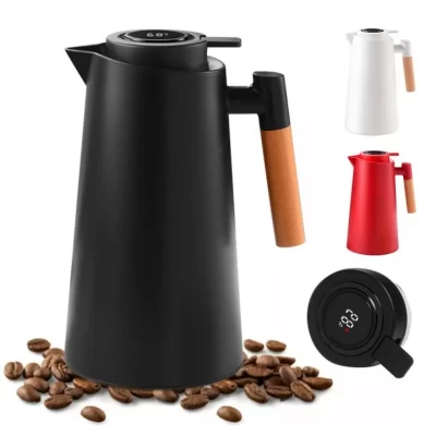 Garrafa Térmica 1 Litro Com Termômetro Led Para Chás / Café Design Moderno Cabo Em Madeira