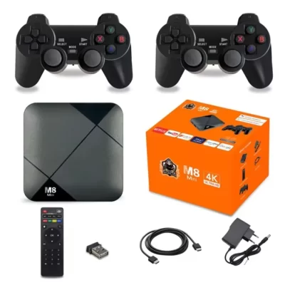 Skytur m8 pro mini jogo tv box com joystick 4k hd 10000 jogos retro wi-fi console de videogame sistema duplo media player