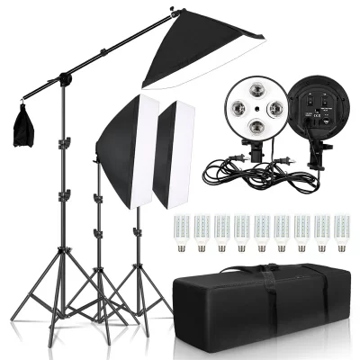 Kit de iluminação fotográfica softbox 50x70cm, equipamento profissional de iluminação contínua para estúdio com braço de lança, farol e bolsa de transporte