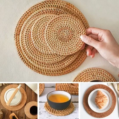 Tapete De Copo Redondo De Rattan Natural, Placemats De Isolamento Quente, Tecido À Mão, Estofamento De Mesa, Acessórios De Decoração De Cozinha