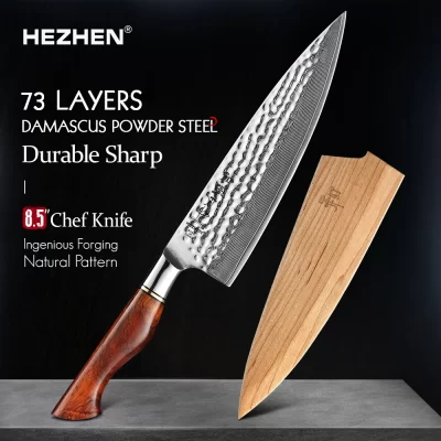 Hezhen 8.5 Polegada faca do chef 73 camadas de aço em pó damasco natural rosewood lidar com cozinha cozinhar faca ferramentas acessórios