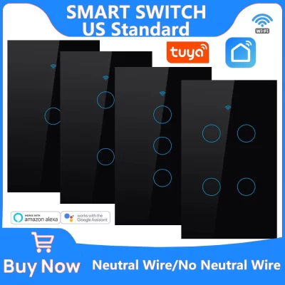 Tuya interruptores inteligentes eua fio neutro/sem fio neutro necessário luz wifi interruptor de toque 1/2/3/4 gang via alexa google casa alice
