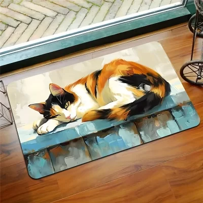 Capacho com estampa de gato Calico 3D – Tapete de entrada absorvente antiderrapante para decoração de casa, uso interno e externo, durável e elegante