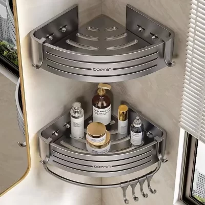 Prateleira de parede para banheiro, prateleira de canto para chuveiro com barra de toalha, gancho, espaço de alumínio, suporte para shampoo, organizador de cozinha