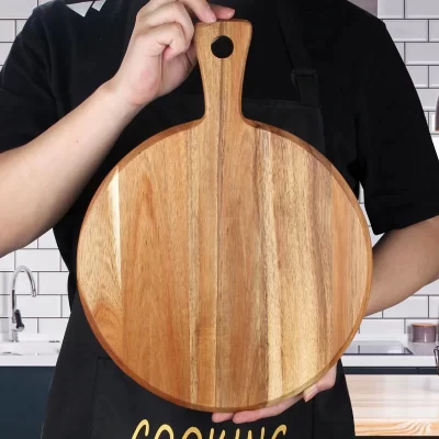Tábua de cortar madeira redonda para pizza, cozinha de madeira, tábua de servir carne, queijo, charcutaria, com alça, novo artesanato