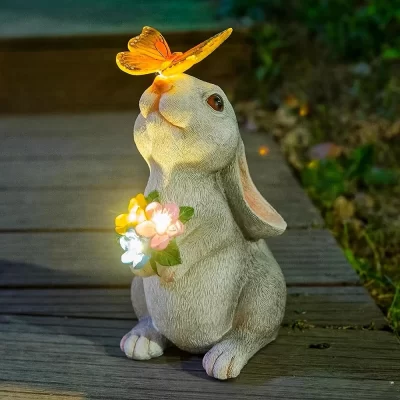 Solar coelho estátua com luz LED, resina animal escultura, estatueta, decoração ao ar livre, decoração do pátio, decoração do jardim