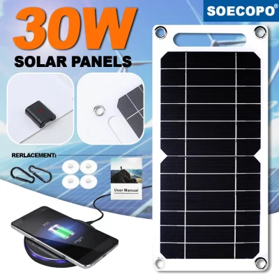 Painel solar 30w com usb, à prova d'água, caminhadas ao ar livre e acampamento, bateria portátil, banco de carregamento de celular, painel de carregamento 6.8v
