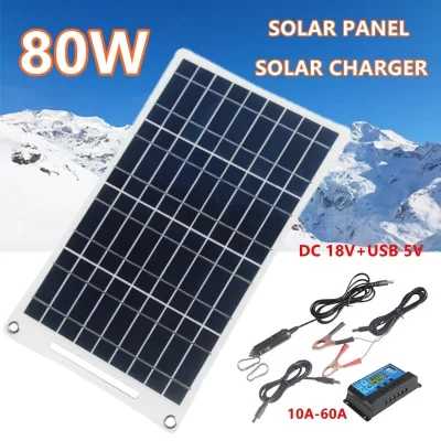 Kit Painel Solar com Controlador, Célula Solar para Carro, Iate, Carregador de Barco, Fornecimento de Bateria Externa, USB, 80W, 18V, 5V